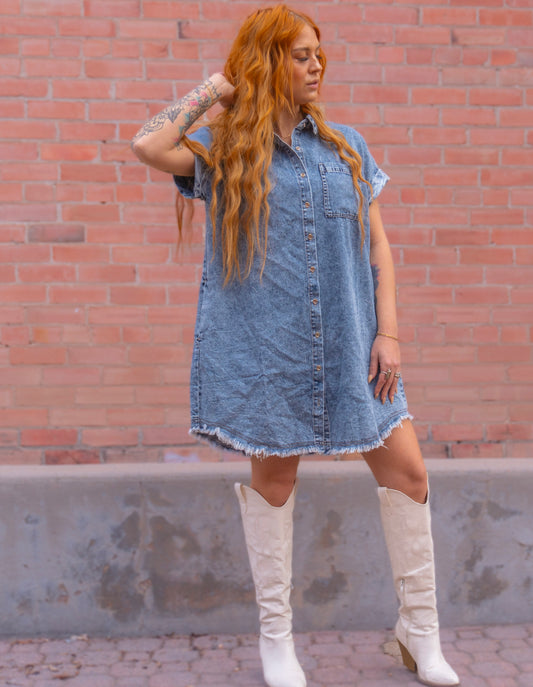 Frayed Hem Denim Shirt Dress