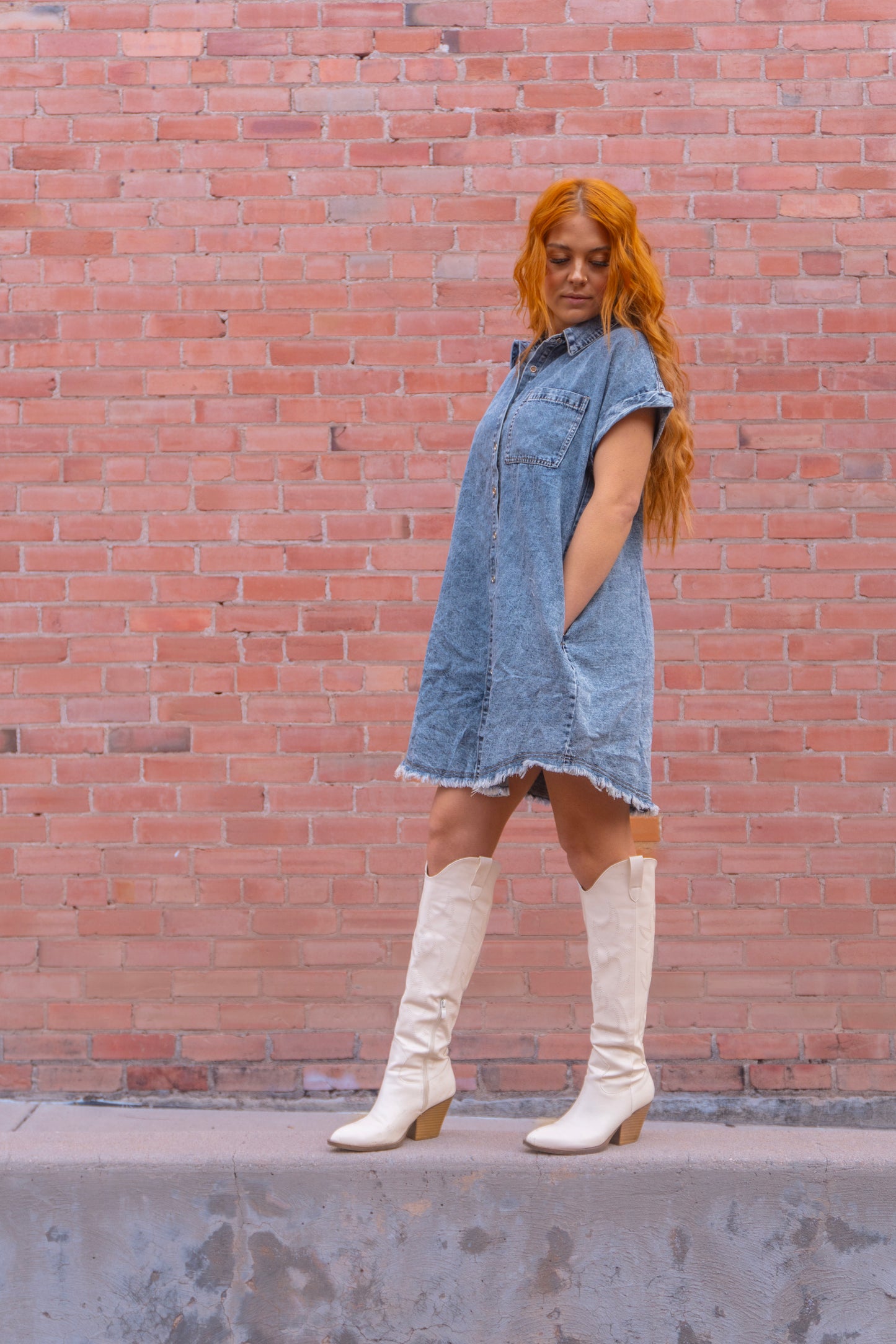 Frayed Hem Denim Shirt Dress