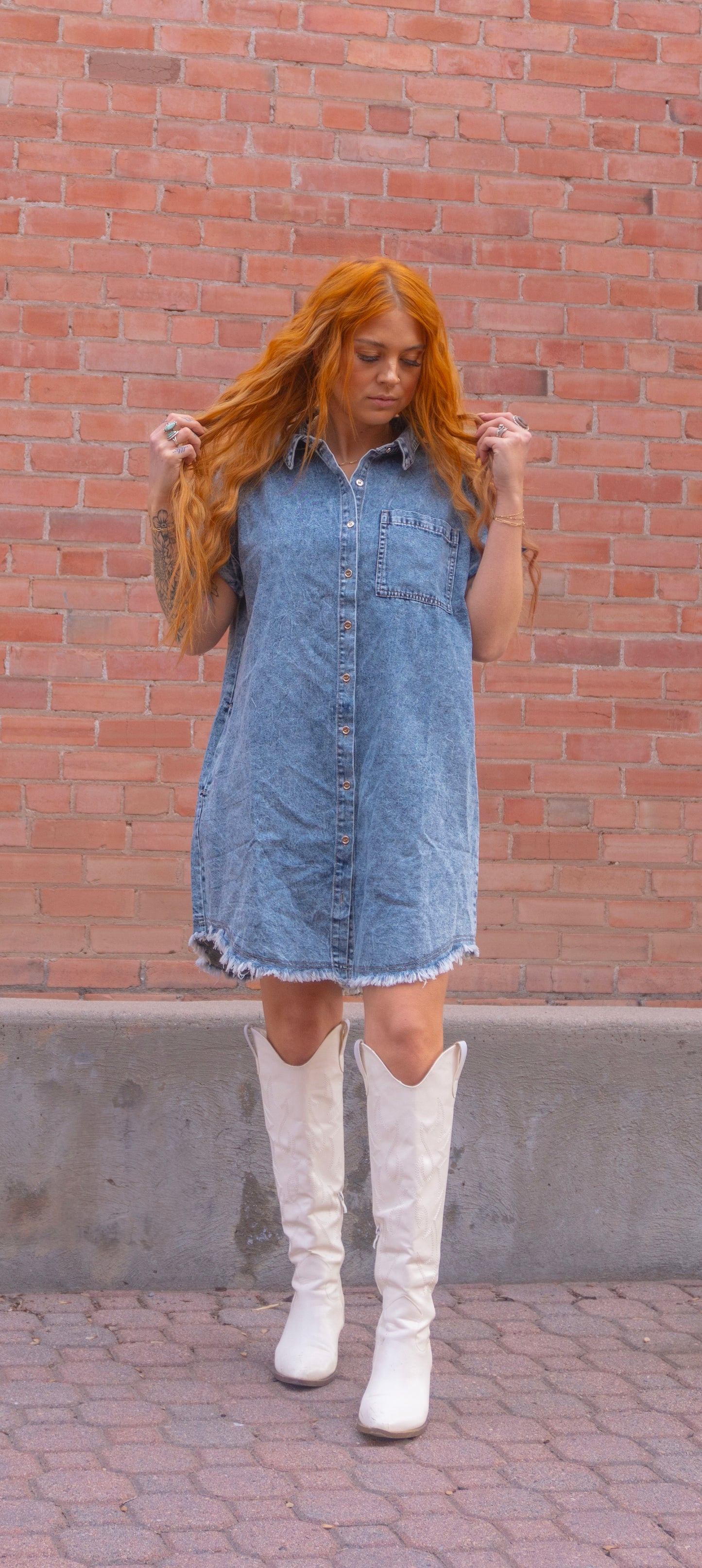 Frayed Hem Denim Shirt Dress