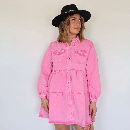 Pink Button Down Denim Dress